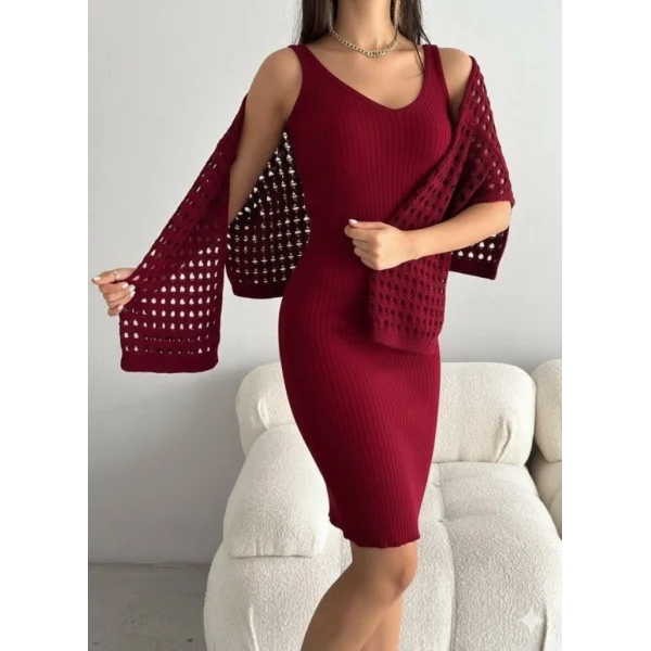 Kadın Uzun Kollu Delikli Kazak Askılı Elbise Triko Ikili Takım