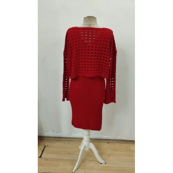 Kadın Uzun Kollu Delikli Kazak Askılı Elbise Triko Ikili Takım