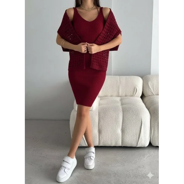 Kadın Uzun Kollu Delikli Kazak Askılı Elbise Triko Ikili Takım