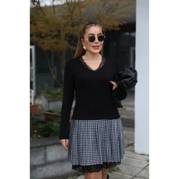 Kadın Uzun Kollu Denteli Yaka Ekose Etek Detay Diz üstü Elbise