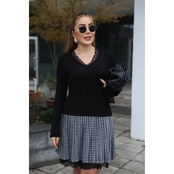 Kadın Uzun Kollu Denteli Yaka Ekose Etek Detay Diz üstü Elbise