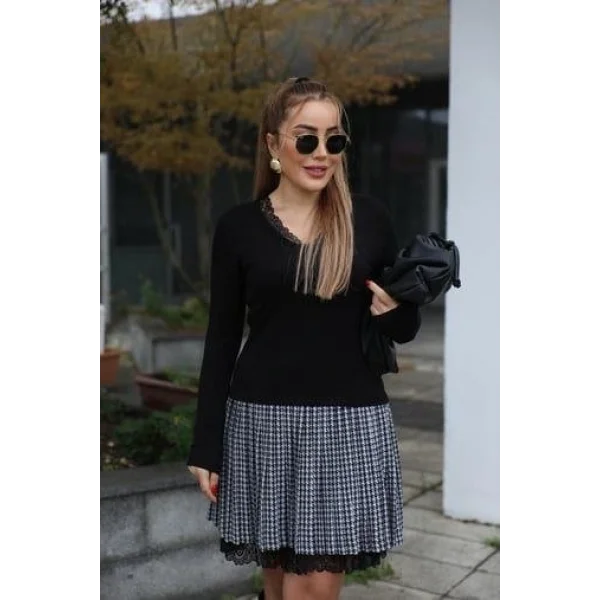 Kadın Uzun Kollu Denteli Yaka Ekose Etek Detay Diz üstü Elbise