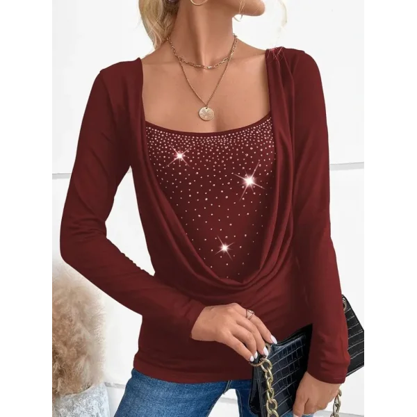 Kadın Uzun Kollu Derin Degaje Yakalı Taşlı Sandy Bluz