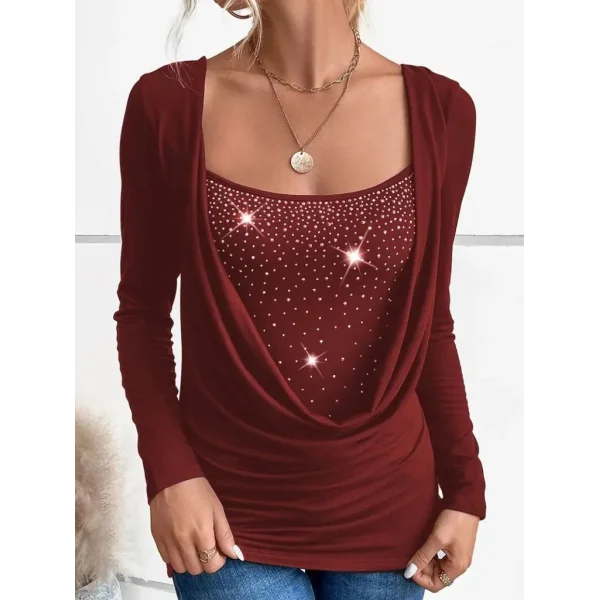 Kadın Uzun Kollu Derin Degaje Yakalı Taşlı Sandy Bluz