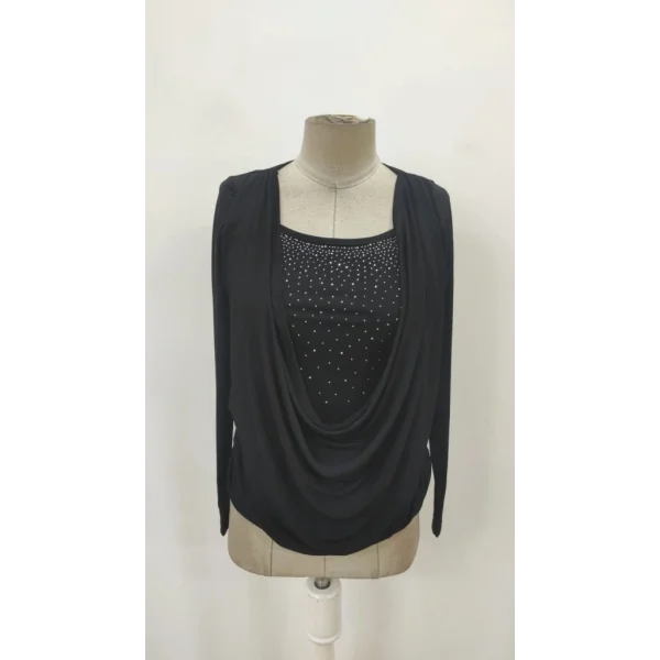 Kadın Uzun Kollu Derin Degaje Yakalı Taşlı Sandy Bluz