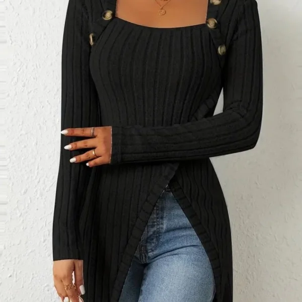 Kadın Uzun Kollu Derin Kare Yaka Düğme Detay şardonlu Kaşkorse Kruvaze Bluz