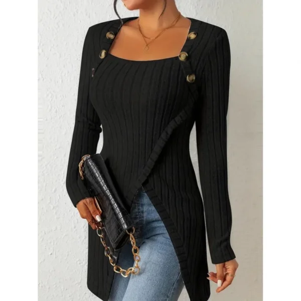 Kadın Uzun Kollu Derin Kare Yaka Düğme Detay şardonlu Kaşkorse Kruvaze Bluz