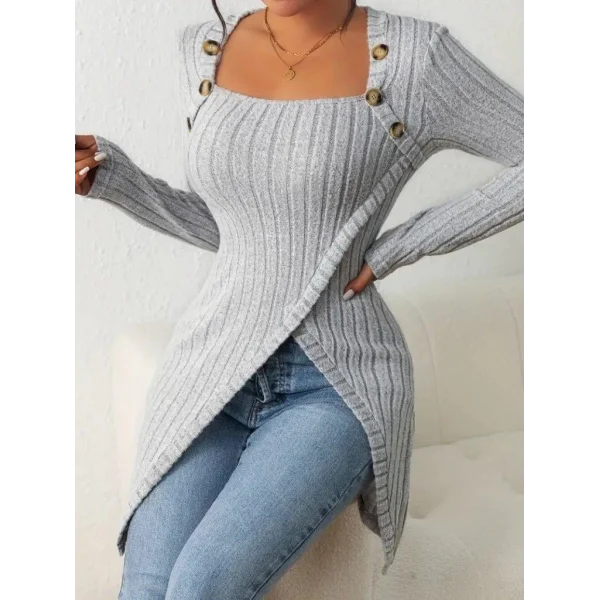 Kadın Uzun Kollu Derin Kare Yaka Düğme Detay şardonlu Kaşkorse Kruvaze Bluz