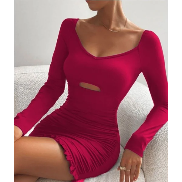 Kadın Uzun Kollu Derin V Yaka Göğüs Altı Dekolte Detay Etek Ucu Fırfırlı Sandy Mini Boy Elbise