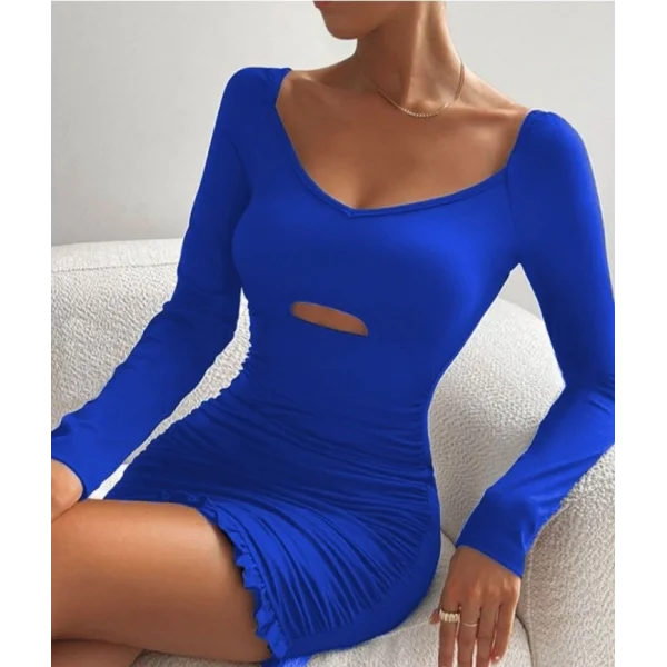 Kadın Uzun Kollu Derin V Yaka Göğüs Altı Dekolte Detay Etek Ucu Fırfırlı Sandy Mini Boy Elbise