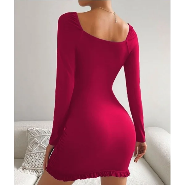 Kadın Uzun Kollu Derin V Yaka Göğüs Altı Dekolte Detay Etek Ucu Fırfırlı Sandy Mini Boy Elbise