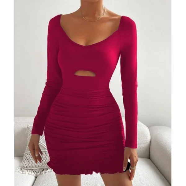 Kadın Uzun Kollu Derin V Yaka Göğüs Altı Dekolte Detay Etek Ucu Fırfırlı Sandy Mini Boy Elbise