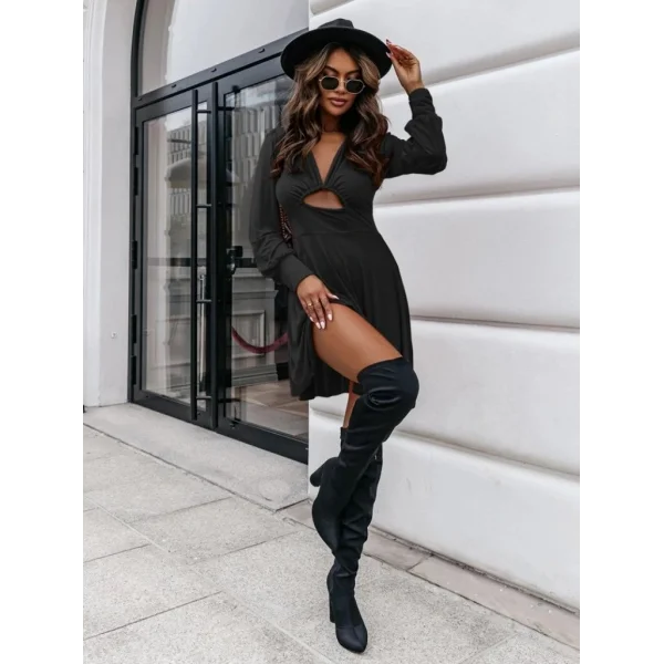 Kadın Uzun Kollu Derin V Yaka Göğüs Altı Dekolte Detaylı Sandy Mini Boy Elbise