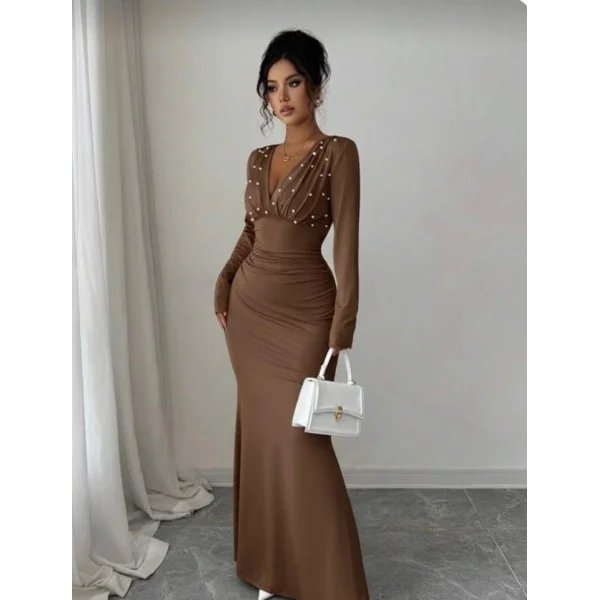 Kadın Uzun Kollu Derin V Yaka Inci Detay Maxi Boy Elbise