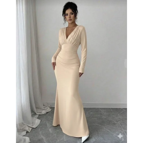 Kadın Uzun Kollu Derin V Yaka Inci Detay Maxi Boy Elbise