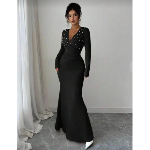 Kadın Uzun Kollu Derin V Yaka Inci Detay Maxi Boy Elbise