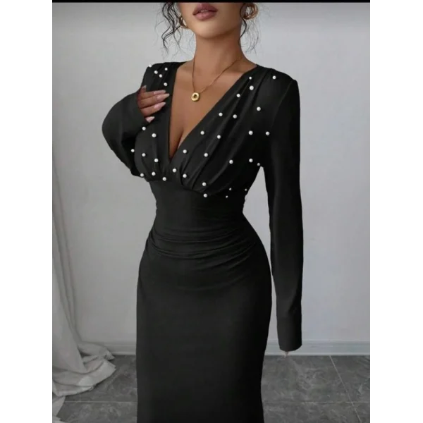 Kadın Uzun Kollu Derin V Yaka Inci Detay Maxi Boy Elbise