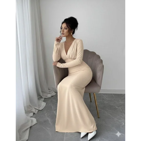 Kadın Uzun Kollu Derin V Yaka Inci Detay Maxi Boy Elbise