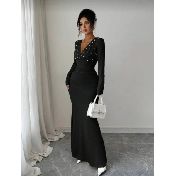 Kadın Uzun Kollu Derin V Yaka Inci Detay Maxi Boy Elbise