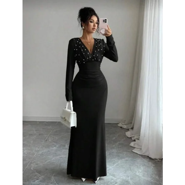 Kadın Uzun Kollu Derin V Yaka Inci Detay Maxi Boy Elbise