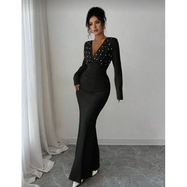 Kadın Uzun Kollu Derin V Yaka Inci Detay Maxi Boy Elbise