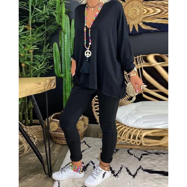 Kadın Uzun Kollu Derin V Yaka ön Kısa Arka Uzun Viskon Bluz