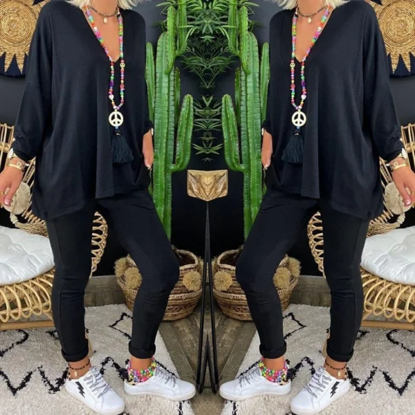 Kadın Uzun Kollu Derin V Yaka ön Kısa Arka Uzun Viskon Bluz