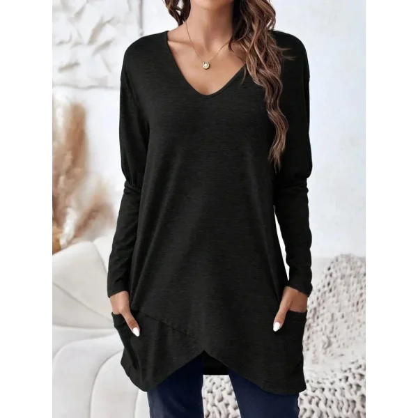 Kadın Uzun Kollu Derin V Yakalı Asimetrik Kesim Cepli Detay Yün Viskon Iki Iplik Bluz