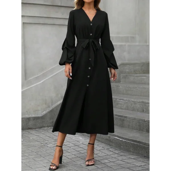 Kadın Uzun Kollu Derin V Yakalı Belden Kuşaklı önden Düğmeli Janjan Krep Elbise