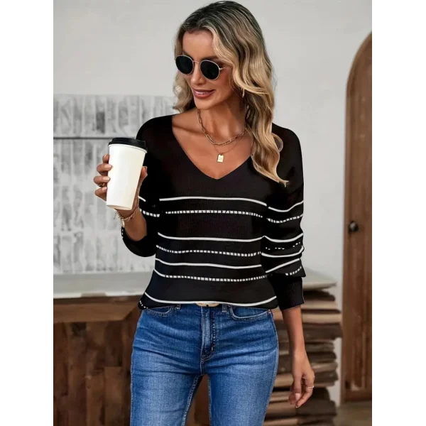 Kadın Uzun Kollu Derin V Yakalı çizgi Desenli Triko Bluz