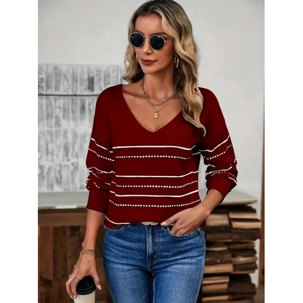 Kadın Uzun Kollu Derin V Yakalı çizgi Desenli Triko Bluz