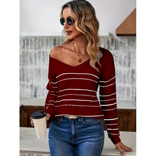 Kadın Uzun Kollu Derin V Yakalı çizgi Desenli Triko Bluz