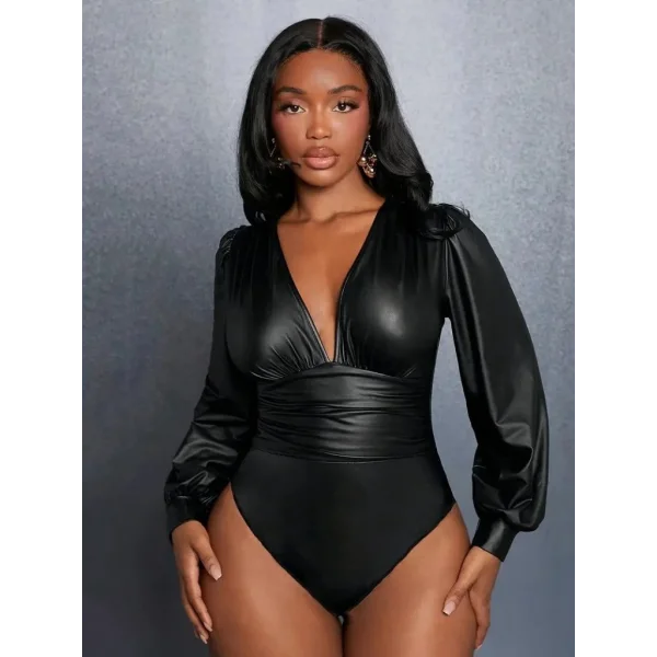 Kadın Uzun Kollu Derin V Yakalı Deri Zıbın