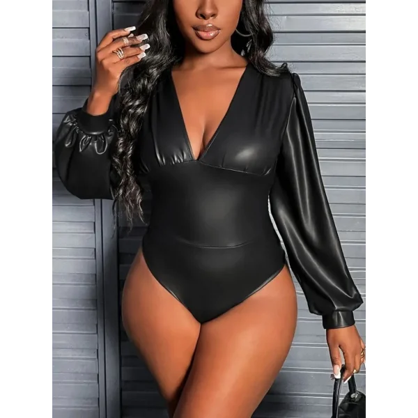 Kadın Uzun Kollu Derin V Yakalı Deri Zıbın