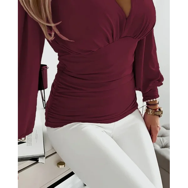 Kadın Uzun Kollu Derin V Yakalı önden Büzgülü Sandy Bluz