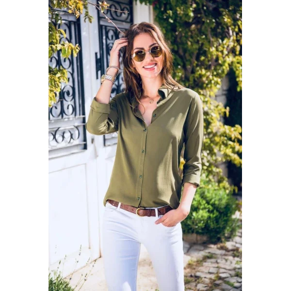 Kadın Uzun Kollu Dokuma Kumaş Klasik Gömlek