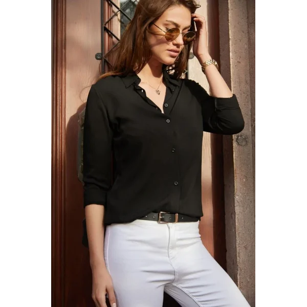 Kadın Uzun Kollu Dokuma Kumaş Klasik Gömlek
