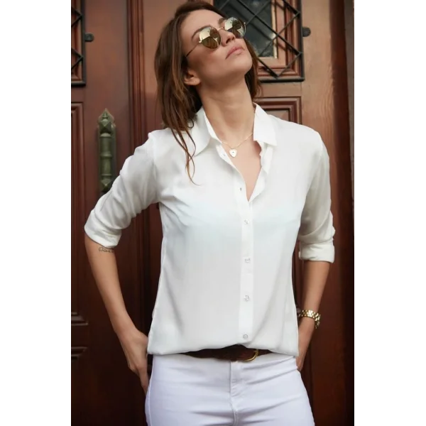 Kadın Uzun Kollu Dokuma Kumaş Klasik Gömlek