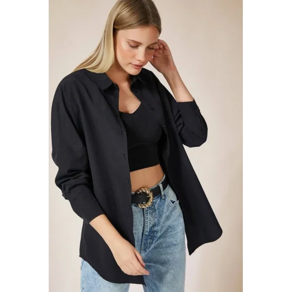 Kadın Uzun Kollu Dokuma Kumaş Klasik Gömlek