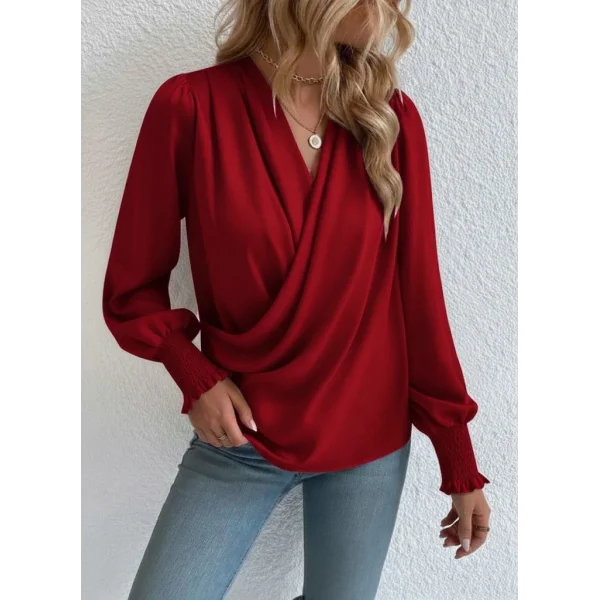 Kadın Uzun Kollu Dökümlü Kruvaze Yaka Kol Ucu Gipeli Sandy Bluz