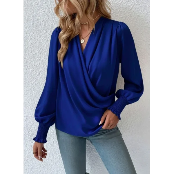 Kadın Uzun Kollu Dökümlü Kruvaze Yaka Kol Ucu Gipeli Sandy Lacivert Bluz