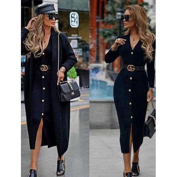 Kadın Uzun Kollu Düğme Detay örme Kaşkorse Kumaş Kemer Dahil Maxi Boy Elbise