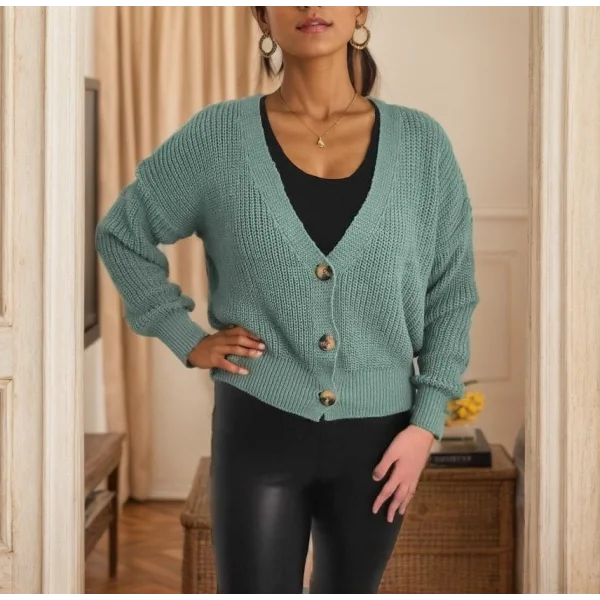 Kadın Uzun Kollu Düğme Detay Triko Bluz