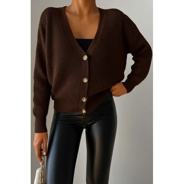 Kadın Uzun Kollu Düğme Detay Triko Hırka