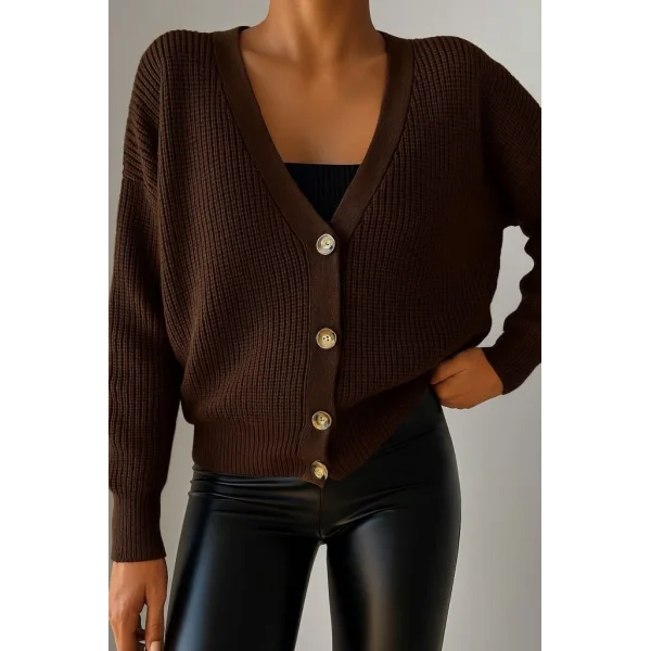 Kadın Uzun Kollu Düğme Detay Triko Hırka