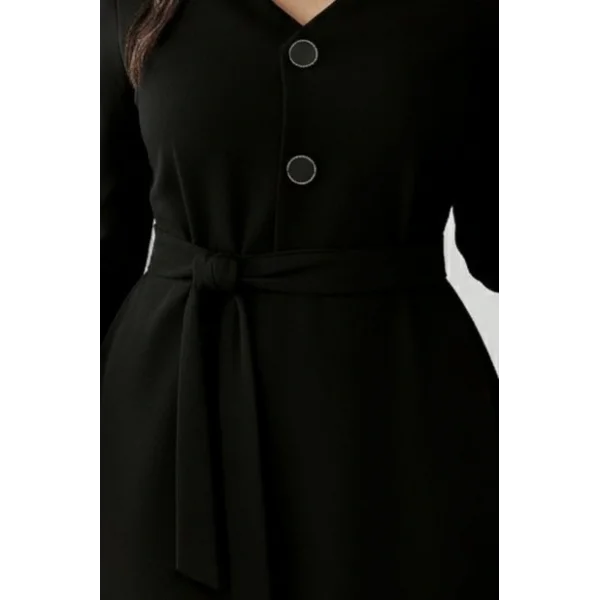 Kadın Uzun Kollu Düğme Detaylı Kendinden Kemerli Ithal Krep Elbise