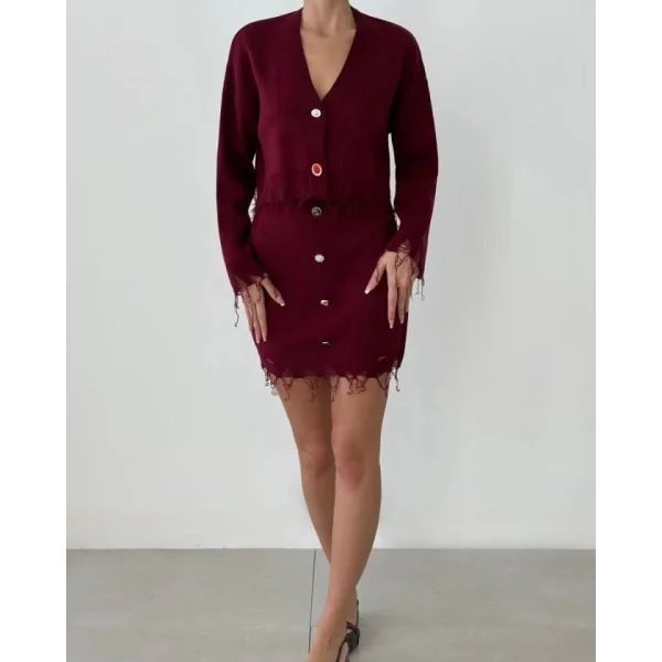 Kadın Uzun Kollu Düğme Ve Eskitme Detay Hırka Ve Mini Etek Ikili Takım