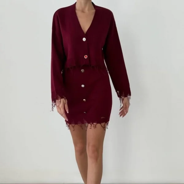 Kadın Uzun Kollu Düğme Ve Eskitme Detay Hırka Ve Mini Etek Ikili Takım