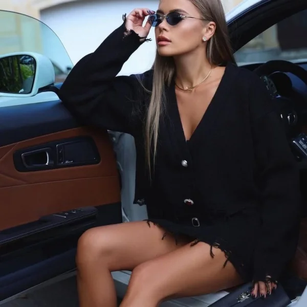 Kadın Uzun Kollu Düğme Ve Eskitme Detay Hırka Ve Mini Etek Ikili Takım