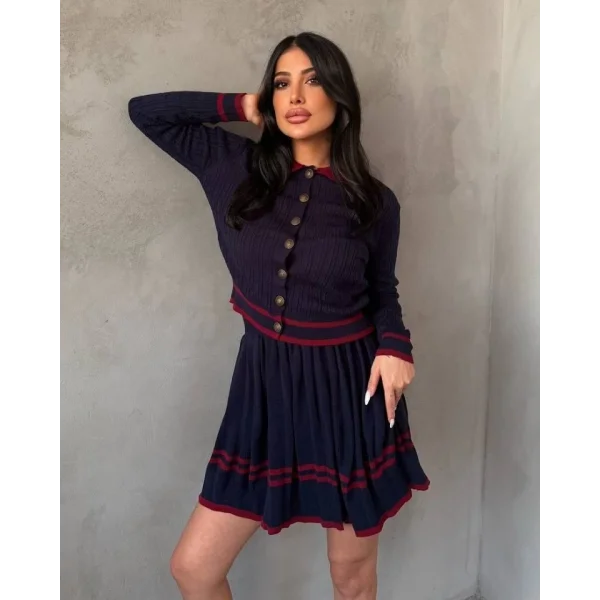 Kadın Uzun Kollu Düğme Ve Ribana Detay Triko Hırka Ve şerit Detay Pileli Etek Ikili Takım